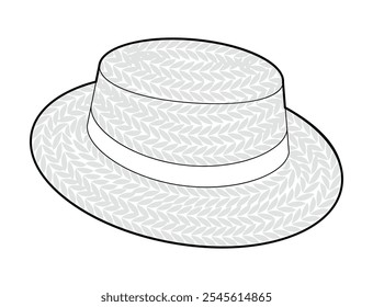 Boater Hat Canotier. Bolero Skimmer Head Straw Fashion accessory cap clothing technical illustration. Vector headgear for Men, women, unisex style, flat template CAD mockup sketch outline isolated