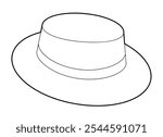 Boater Hat Canotier. Bolero Sombrero Head Fashion accessory cap clothing technical illustration. Vector headgear for Men, women, unisex style, flat template CAD mockup sketch outline isolated