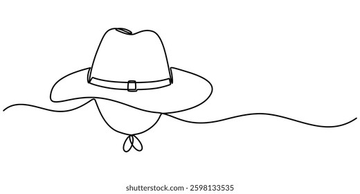 Boater Hat Continuous Line Icon, Woven straw hat continuous one line drawing, Sun Hat Single Line Icon, outline isolated on white background, Easter hat icon, pro vector illustration and minimalist.