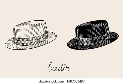 Boater hat. High quality vintage vector engraved style line art illustration. Black and white drawing.