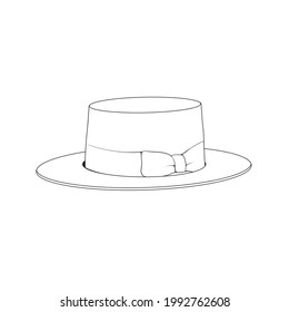 boater hat outline drawing vector, boater hat in a sketch style,boater hat trainers template outline, vector Illustration.