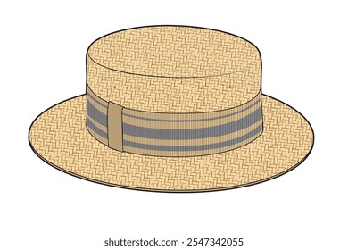 Boater hat technical flat sketch vector mockup template.