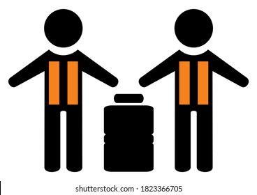 Boaters, two people with life jacket and barrel, vector icon