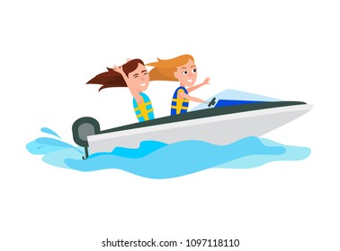 Boating activity in summer, girls have fun while ride boat, water of sea, seasonal extreme sport, vector illustration isolated on white background.