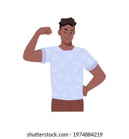Boating afro american teenager showing biceps and muscles on arm. Isolated male character gesturing and communication in nonverbal mean, sporty and optimistic guy. Vector in flat cartoon style