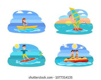 Boating collection summer, windsurfing and surfing boy, banana boat set of summer sport, shealthy lifestyle, isolated on vector illustration