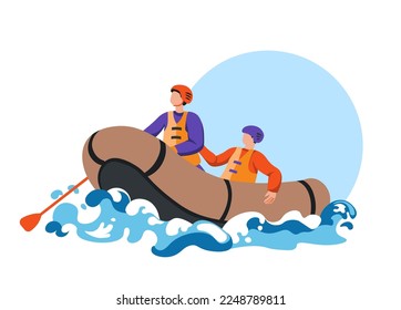 Boating and floating on water, people wearing vests and protective helmets. Leisure and recreation, fun and holiday relaxation. Summer activity and active lifestyle by seaside. Vector in flat style