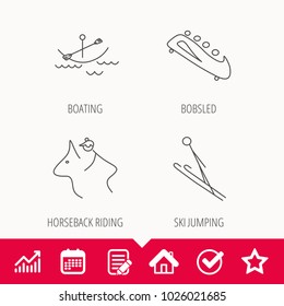Boating, horseback riding and bobsled icons. Ski jumping linear sign. Edit document, Calendar and Graph chart signs. Star, Check and House web icons. Vector
