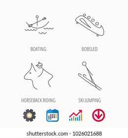 Boating, horseback riding and bobsled icons. Ski jumping linear sign. Calendar, Graph chart and Cogwheel signs. Download colored web icon. Vector