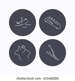 Boating, horseback riding and bobsled icons. Ski jumping linear sign. Flat icons in circle buttons on white background. Vector