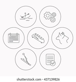Boating, horseback riding and bobsled icons. Ski jumping linear sign. Check file, calendar and cogwheel icons. Vector