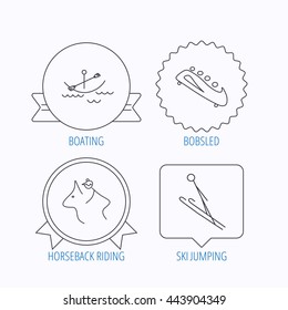 Boating, horseback riding and bobsled icons. Ski jumping linear sign. Award medal, star label and speech bubble designs. Vector