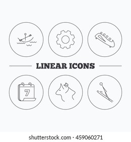 Boating, horseback riding and bobsled icons. Ski jumping linear sign. Flat cogwheel and calendar symbols. Linear icons in circle buttons. Vector