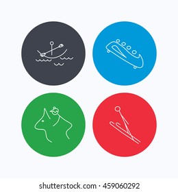 Boating, horseback riding and bobsled icons. Ski jumping linear sign. Linear icons on colored buttons. Flat web symbols. Vector
