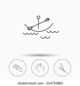 Boating, horseback riding and bobsled icons. Ski jumping linear sign. Linear icons in circle buttons. Flat web symbols. Vector