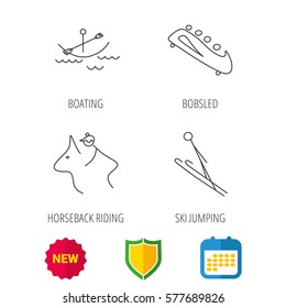 Boating, horseback riding and bobsled icons. Ski jumping linear sign. Shield protection, calendar and new tag web icons. Vector
