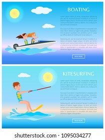 Boating and kitesurfing on sea rest water sports in sunny weather, active leisure at bright day with cloudy sky, sporty people vector text sample.