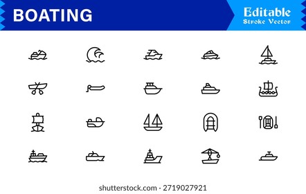 Boating Line Icon Kollektion mit minimalen nautischen Schiffen und Marine Elements, professionelles Vektorpaket mit sauberen, einzigartigen Designs für Premium Visual Appeal