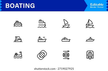 Boating Line Icon Kollektion mit minimalen nautischen Schiffen und Marine Elements, professionelles Vektorpaket mit sauberen, einzigartigen Designs für Premium Visual Appeal