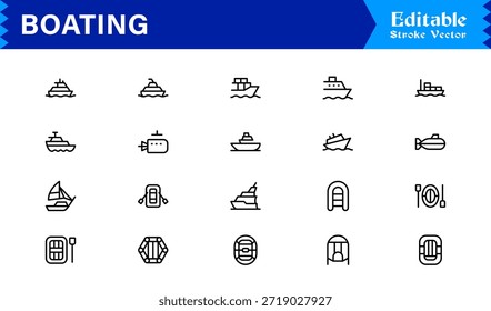 Boating Line Icon Kollektion mit minimalen nautischen Schiffen und Marine Elements, professionelles Vektorpaket mit sauberen, einzigartigen Designs für Premium Visual Appeal