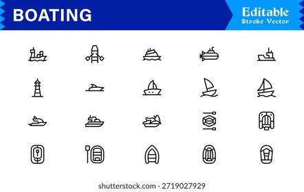 Boating Line Icon Kollektion mit minimalen nautischen Schiffen und Marine Elements, professionelles Vektorpaket mit sauberen, einzigartigen Designs für Premium Visual Appeal