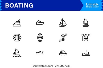 Boating Line Icon Kollektion mit minimalen nautischen Schiffen und Marine Elements, professionelles Vektorpaket mit sauberen, einzigartigen Designs für Premium Visual Appeal