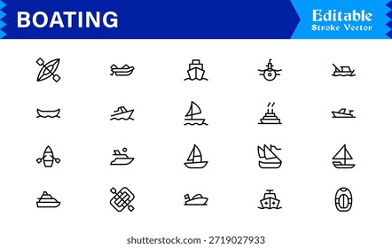 Boating Line Icon Kollektion mit minimalen nautischen Schiffen und Marine Elements, professionelles Vektorpaket mit sauberen, einzigartigen Designs für Premium Visual Appeal