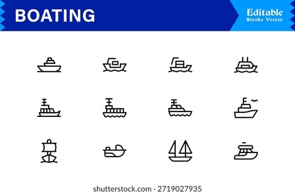 Boating Line Icon Kollektion mit minimalen nautischen Schiffen und Marine Elements, professionelles Vektorpaket mit sauberen, einzigartigen Designs für Premium Visual Appeal