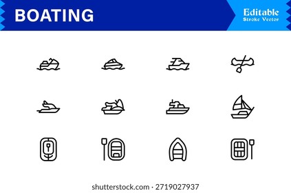 Boating Line Icon Kollektion mit minimalen nautischen Schiffen und Marine Elements, professionelles Vektorpaket mit sauberen, einzigartigen Designs für Premium Visual Appeal