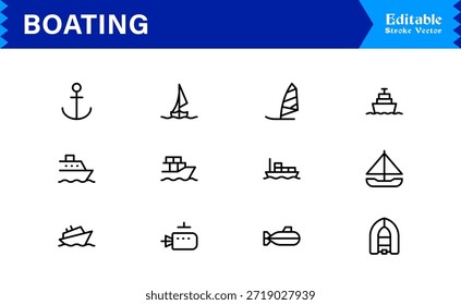 Boating Line Icon Kollektion mit minimalen nautischen Schiffen und Marine Elements, professionelles Vektorpaket mit sauberen, einzigartigen Designs für Premium Visual Appeal
