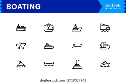 Boating Line Icon Kollektion mit minimalen nautischen Schiffen und Marine Elements, professionelles Vektorpaket mit sauberen, einzigartigen Designs für Premium Visual Appeal
