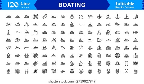 Boating Line Icon Kollektion mit minimalen nautischen Schiffen und Marine Elements, professionelles Vektorpaket mit sauberen, einzigartigen Designs für Premium Visual Appeal