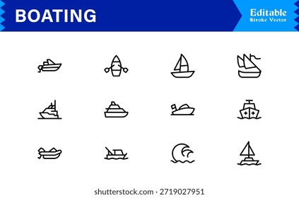Boating Line Icon Kollektion mit minimalen nautischen Schiffen und Marine Elements, professionelles Vektorpaket mit sauberen, einzigartigen Designs für Premium Visual Appeal