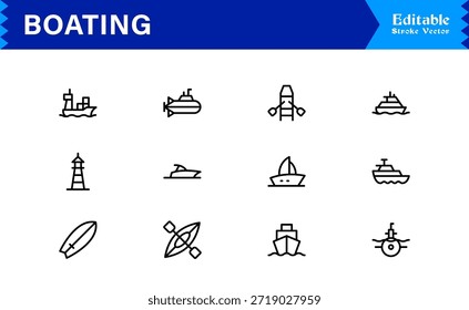 Boating Line Icon Kollektion mit minimalen nautischen Schiffen und Marine Elements, professionelles Vektorpaket mit sauberen, einzigartigen Designs für Premium Visual Appeal