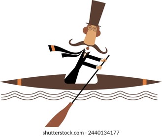 Boating man in the top hat. 
Cartoon long mustache man in the top hat floating on the waves on a boat
