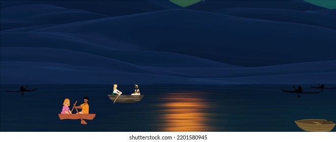 Boating on the peaceful lake in the evening