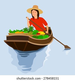 Boating selling fruits, illustration simple design.