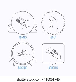 Boating, tennis and golf icons. Bobsled linear sign. Award medal, star label and speech bubble designs. Vector
