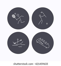 Boating, tennis and golf icons. Bobsled linear sign. Flat icons in circle buttons on white background. Vector