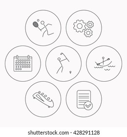 Boating, tennis and golf icons. Bobsled linear sign. Check file, calendar and cogwheel icons. Vector