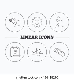 Boating, tennis and golf icons. Bobsled linear sign. Flat cogwheel and calendar symbols. Linear icons in circle buttons. Vector