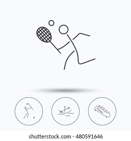 Boating, tennis and golf icons. Bobsled linear sign. Linear icons in circle buttons. Flat web symbols. Vector