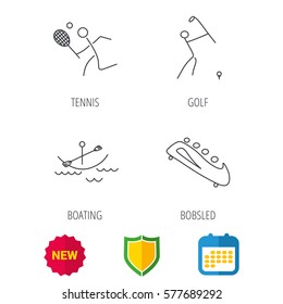 Boating, tennis and golf icons. Bobsled linear sign. Shield protection, calendar and new tag web icons. Vector