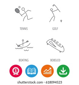 Boating, tennis and golf icons. Bobsled linear sign. Award medal, growth chart and opened book web icons. Download arrow. Vector