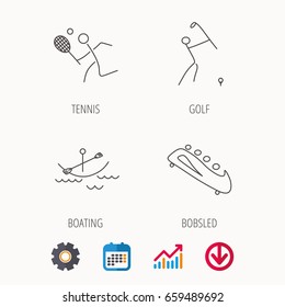 Boating, tennis and golf icons. Bobsled linear sign. Calendar, Graph chart and Cogwheel signs. Download colored web icon. Vector