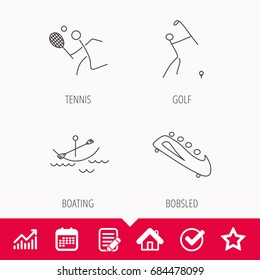 Boating, tennis and golf icons. Bobsled linear sign. Edit document, Calendar and Graph chart signs. Star, Check and House web icons. Vector