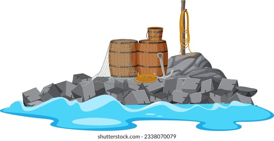 Herramientas de navegación en la aislada ilustración de la isla de piedra rocosa