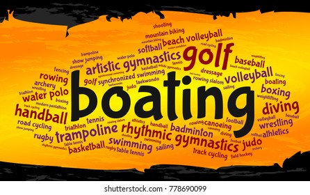 Boating. Word cloud, cool design, gold background. Summer sports.