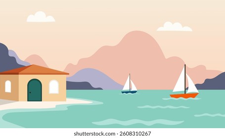 Boats beach seaside. City building on shore or sea or ocean. Italy Travel Poster, mediterranean romantic landscape.