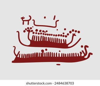 Boats, circles and animal Bronze Age petroglyphs from Sweden, Massleberg Jörlov rock art, Vector illustration, Small strokes in the rowing ship symbolise the crew members